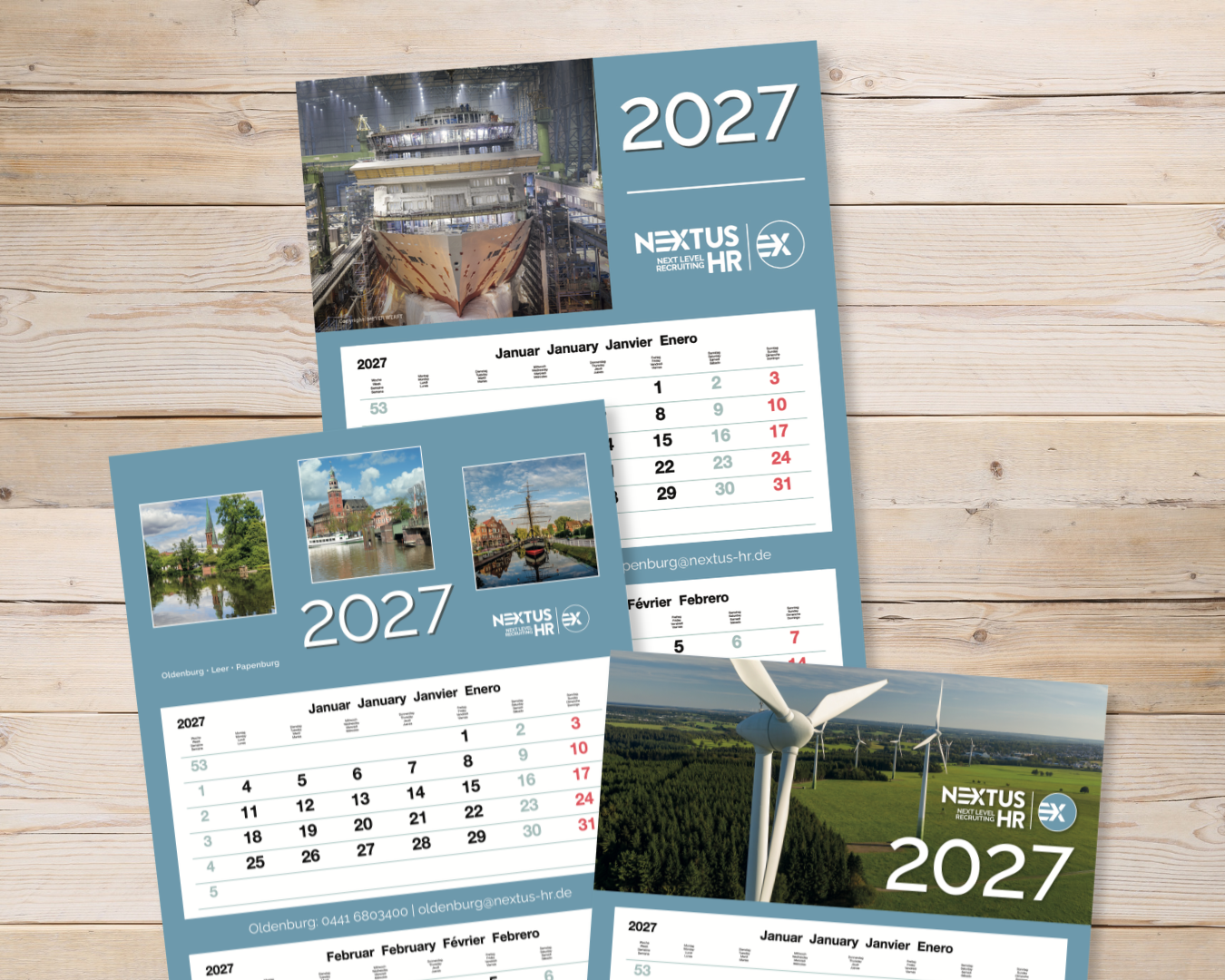 Wandkalender (5-Monats-Kalender) in 3 verschiedenen Designs für verschiedene Einsatzgebiete mit Kalendarium 2027 für Nextus HR in Oldenburg